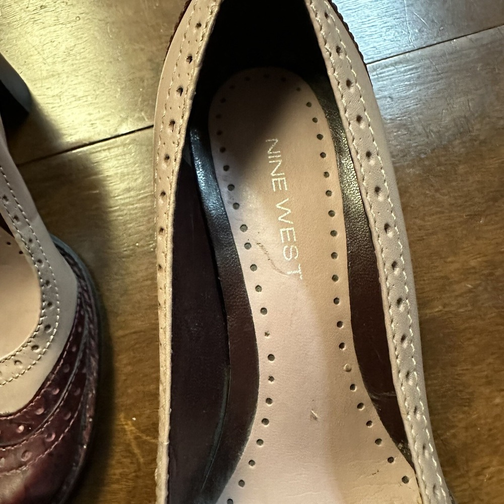 Nine West NWNEWWAVE Wingtip Brogue Pumps Pink Wine Croc Block Heel 6.5M - Picture 7 of 10
